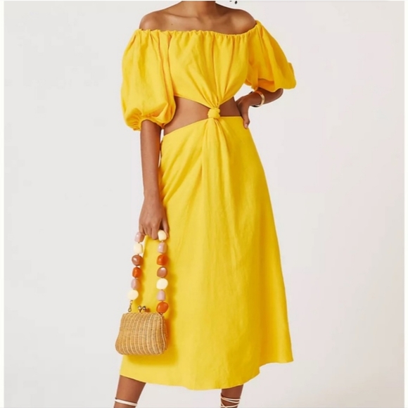 Farm Rio Women's XS Yellow Off The Shoulder Knotted Cut Out Midi Dress New Tags. - Picture 1 of 6